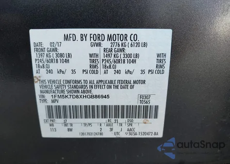 2017 Ford Explorer Xlt из США, поврежденный, VIN 1FM5K7D8XHGB86945